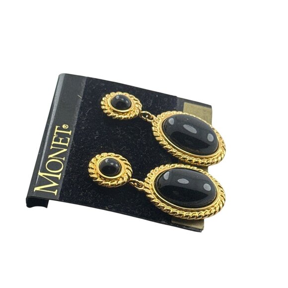 Monet Vintage Black Cabochon Gold Tone Oval Clip On Earrings Elegant Retro - Picture 3 of 6